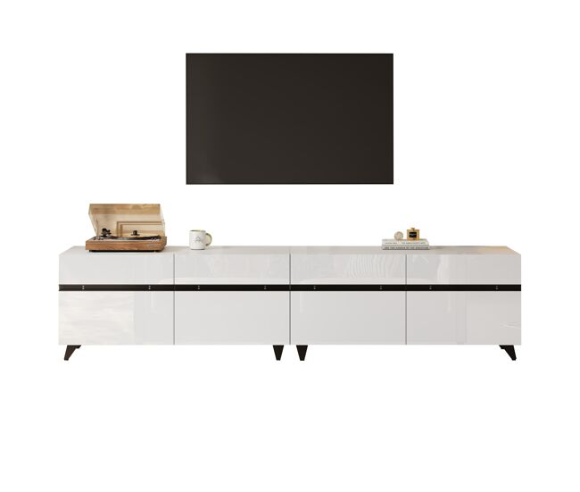 Móvel de tv 180x40x49 cm - alto brilho, 4 armários, 8 pés, carga recomendada 52 kg - branco