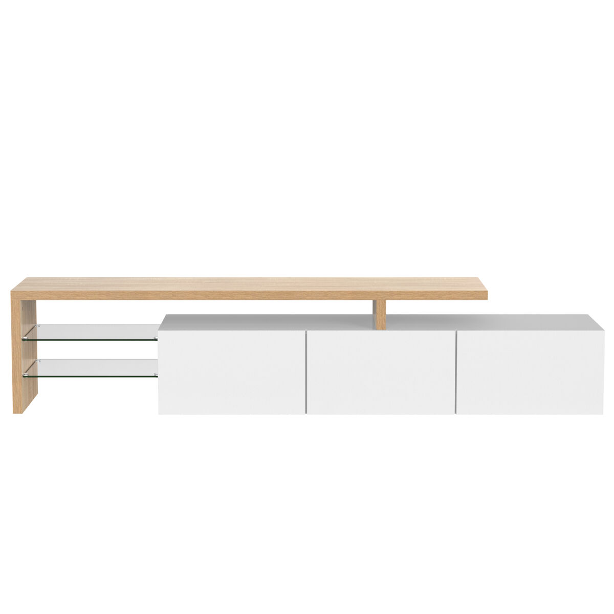 Móvel de tv 160 cm - design moderno, elegante, arrumação prática, branco brilhante, efeito madeira, prateleiras de vidro, iluminação led - branco