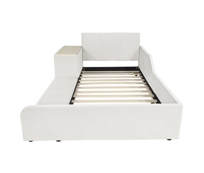 Cama individual estofada 90x200 - secretária e banco, cabeceira macia, estrado de madeira - branco