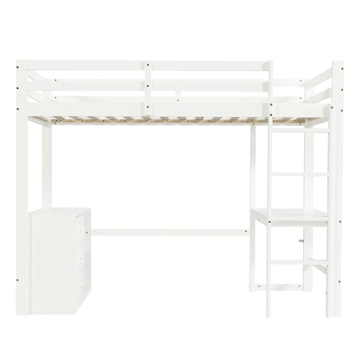 Cama alta infantil 90x200 cm - com secretária, gaveteiro e estante, escada de 4 degraus - branco