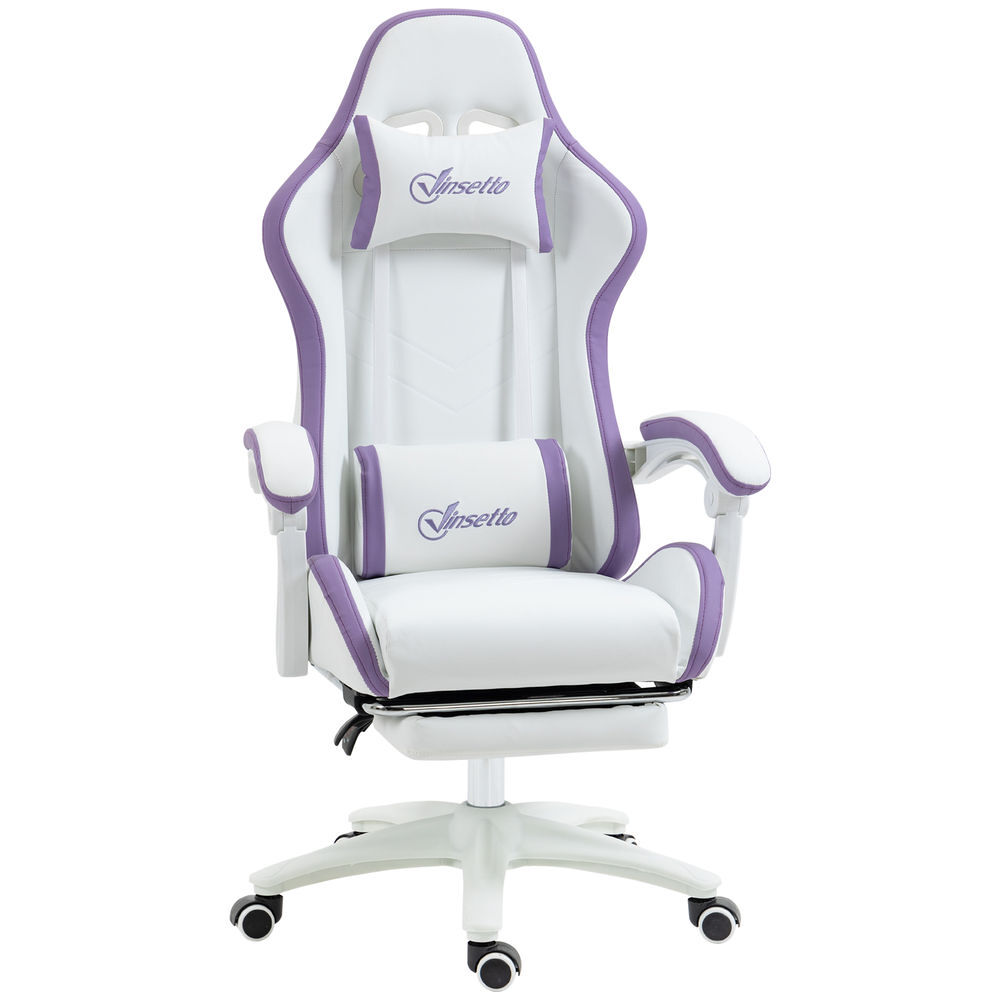 Vinsetto cadeira gaming cadeira gamer racing de couro pu com altura ajustável reclinável 135° apoio para a cabeça e apoio para os pés retrátil para escritório estúdio 65x65x121-129 cm branco e roxo
