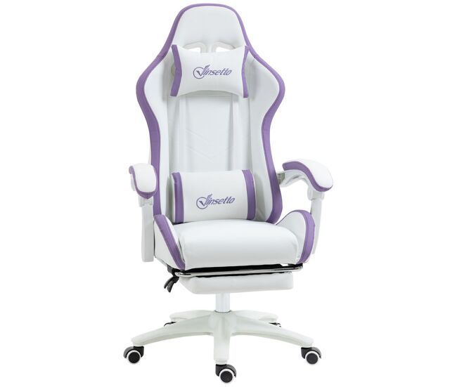 Vinsetto cadeira gaming cadeira gamer racing de couro pu com altura ajustável reclinável 135° apoio para a cabeça e apoio para os pés retrátil para escritório estúdio 65x65x121-129 cm blanc e roxo