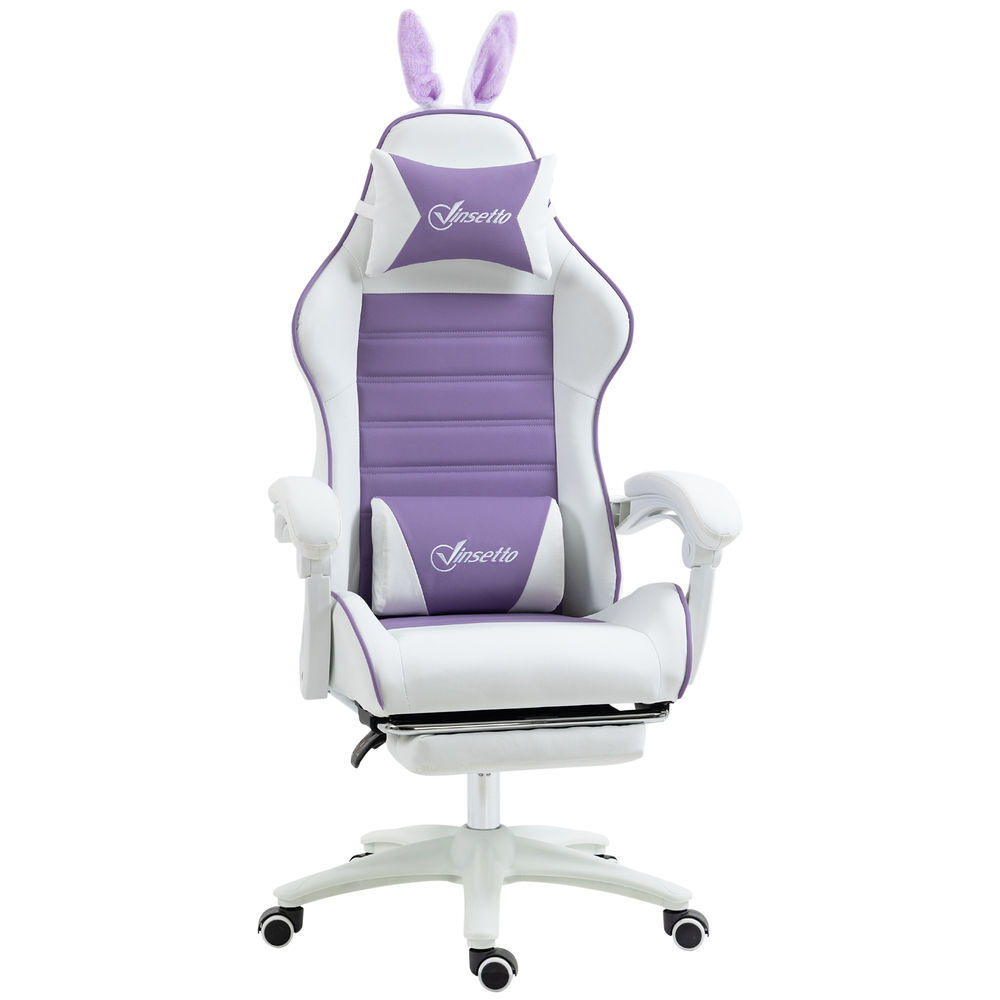 Vinsetto cadeira gaming profissional cadeira gamer giratória de couro pu com altura ajustável inclinável 135° apoio para a cabeça e apoio para os pés para escritório 65x63x136-142 cm blanc e roxo