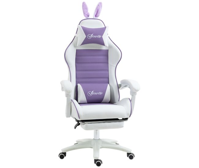 Vinsetto cadeira gaming profissional cadeira gamer giratória de couro pu com altura ajustável inclinável 135° apoio para a cabeça e apoio para os pés para escritório 65x63x136-142 cm blanc e roxo