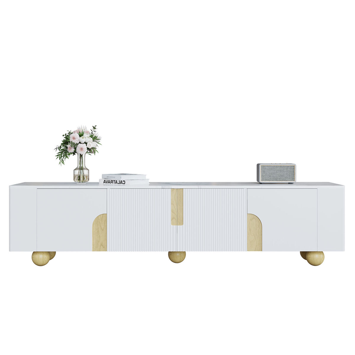 Móvel de tv 180 cm - 4 portas, design elegante, superfície com efeito mármore, pés esféricos de madeira - blanc, madeira