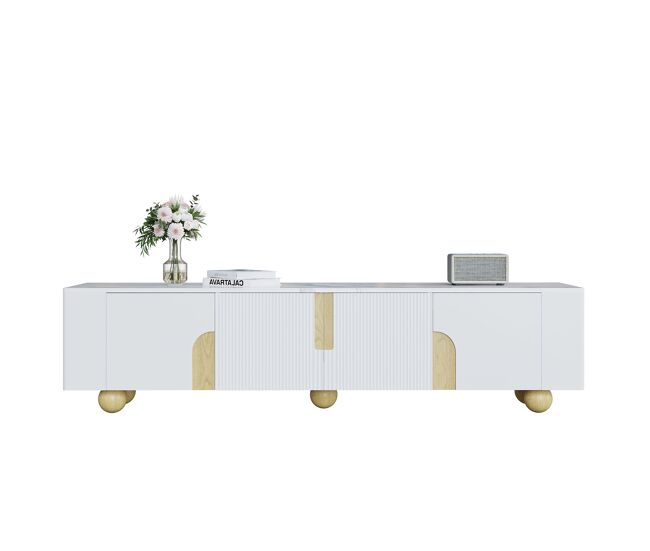 Móvel de tv 180 cm - 4 portas, design elegante, superfície com efeito mármore, pés esféricos de madeira - blanc, madeira