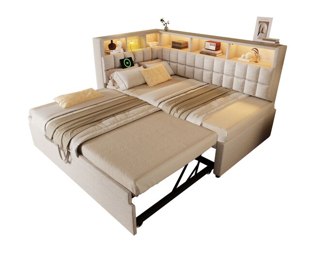 Cama gavetão de linho 90x200 cm com luz led,bege