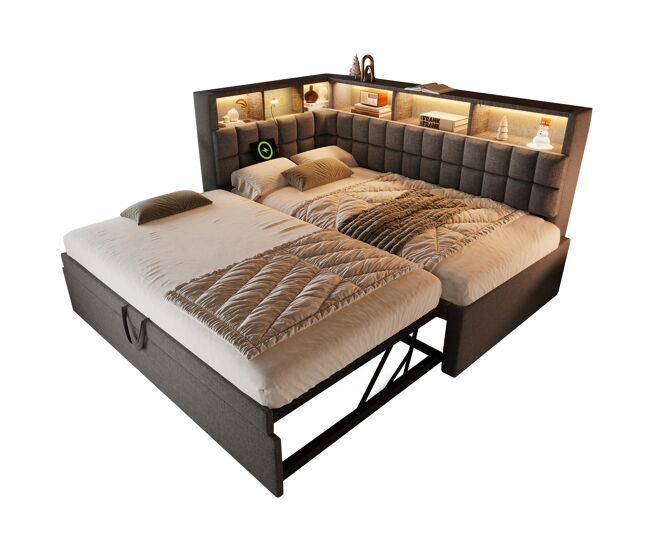 Cama gavetão de linho 90x200 cm com luz led,cinza