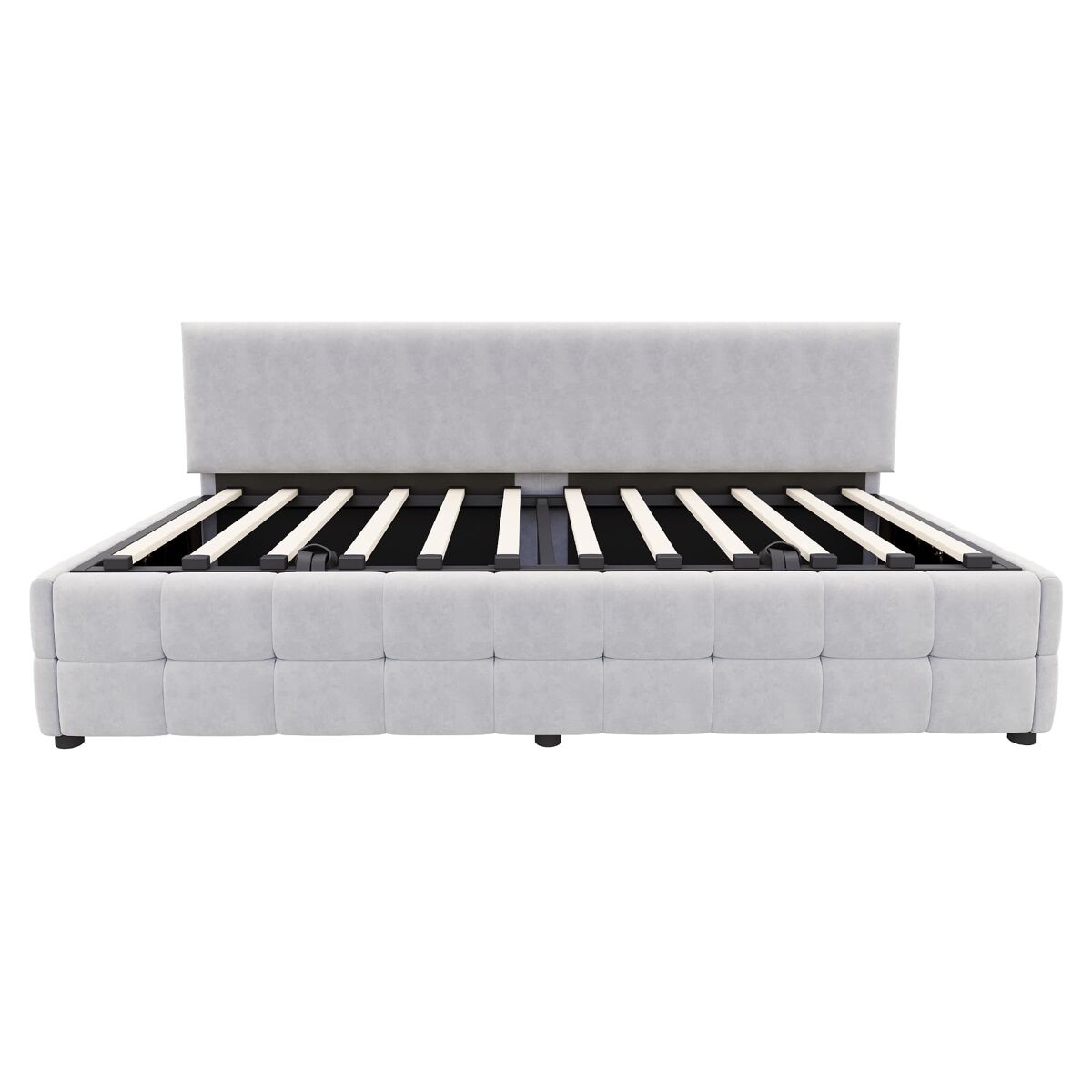 Cama individual 90x200 cm - com arrumação hidráulica, encosto sem braços, design quadriculado - cinza claro