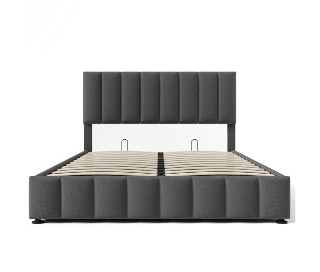 Cama estofada hidráulica 140x200 cm - cabeceira ajustável, estrutura metálica, arrumação - cinza