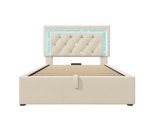 Cama individual 90x200 – led na cabeceira, usb/type-c, canapé hidráulico com arrumação – bege