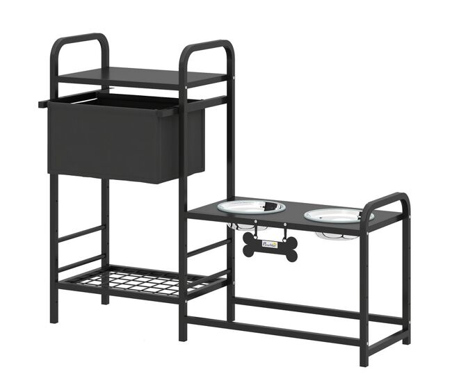 Pawhut comedouro elevado para cães com gaveta em tecido 2 taças de aço inoxidável 2x800 ml altura ajustável 2 prateleiras para cães pequenos e médios