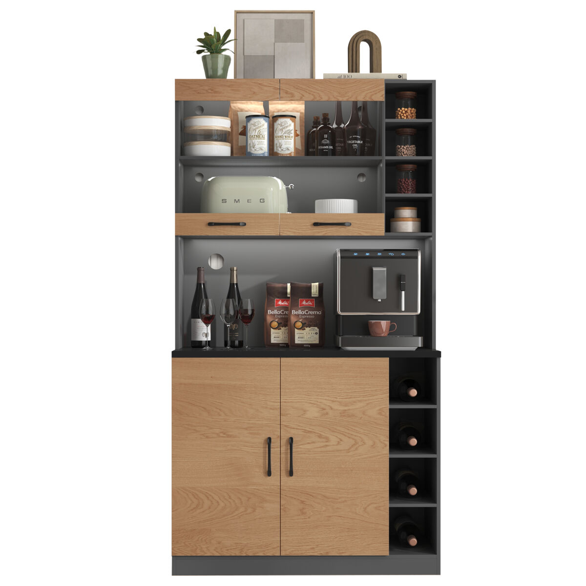 Armário de cozinha 100x47x187 cm - buffet com iluminação ambiente led, orifícios para cabos, prateleiras ajustáveis - natural+cinza