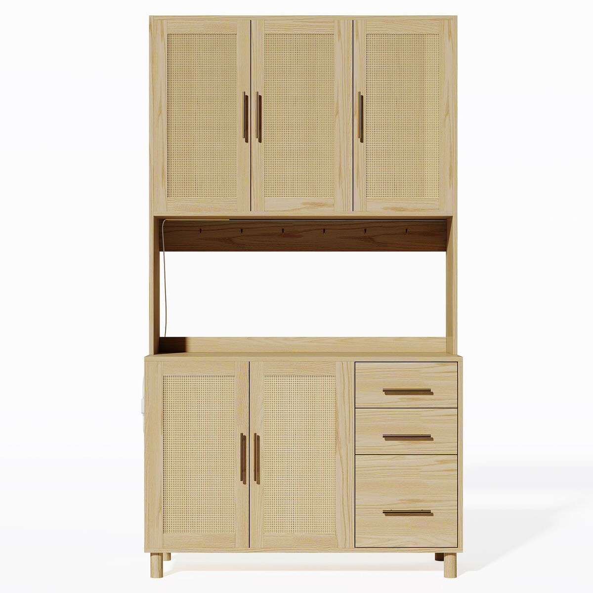 Buffet 183 cm - led decorativas, 2 x usb, 2 x tomadas, prateleiras ajustáveis, 3 gavetas, puxadores metálicos dourados - natural