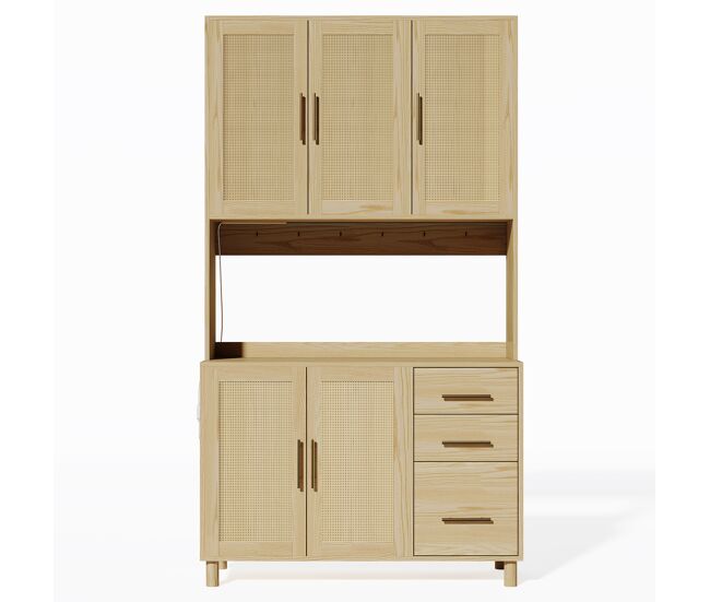 Buffet 183 cm - led decorativas, 2 x usb, 2 x tomadas, prateleiras ajustáveis, 3 gavetas, puxadores metálicos dourados - natural