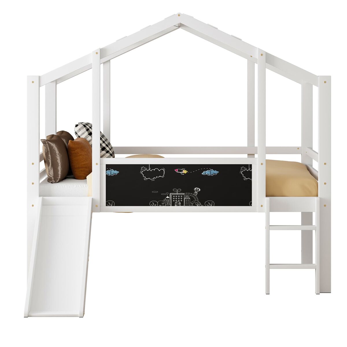 Cama infantil 90 x 200 cm - design tipo loft com escada e escorregador de segurança, com quadro negro, cama multifuncional, madeira maciça, branca