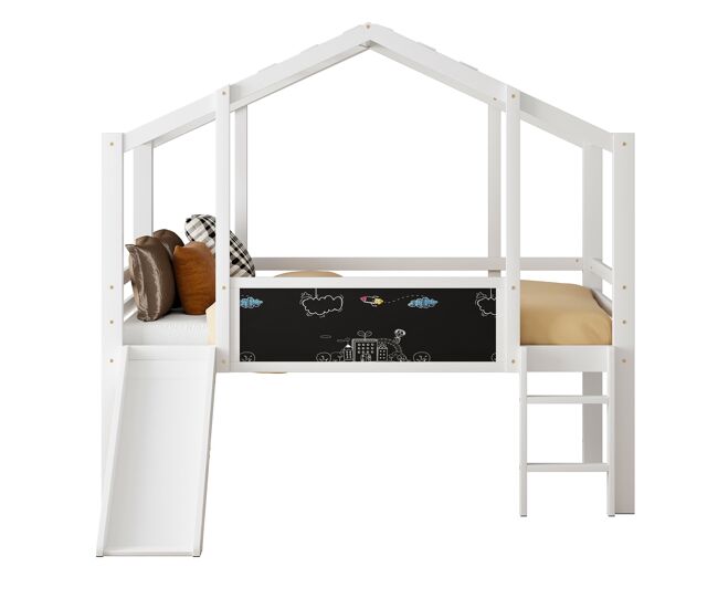 Cama infantil 90 x 200 cm - design tipo loft com escada e escorregador de segurança, com quadro negro, cama multifuncional, madeira maciça, branca