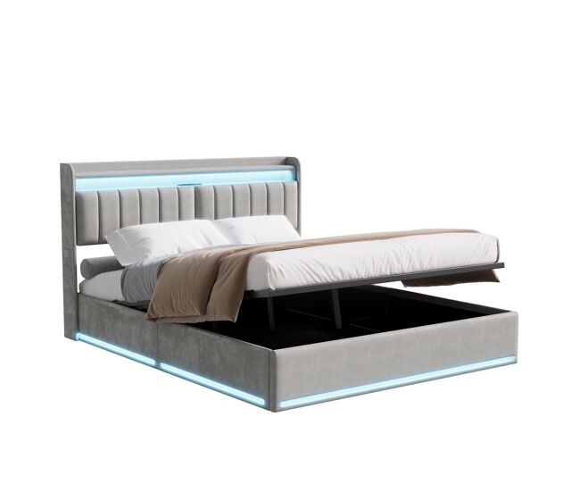 Cama estofada de 160 x 200 cm com carregamento usb, cama de casal para jovens, cama com arrumação, iluminação led e cabeceira com arrumação, estrado