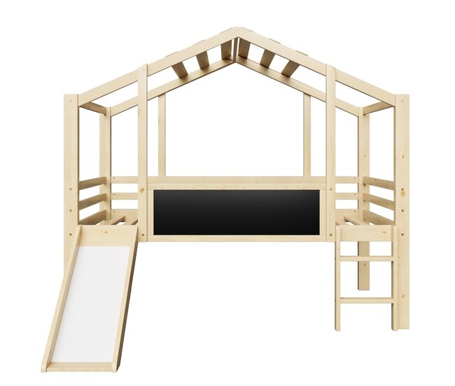 Cama infantil 90x200 cm - design loft com escada e escorregador, quadro de grafite, cama multifuncional, cor madeira