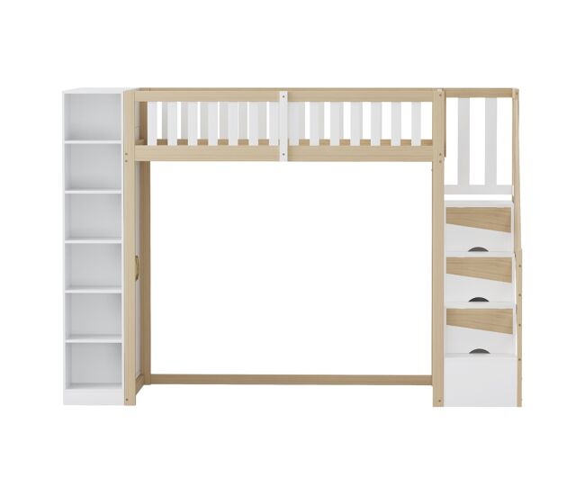 Cama alta multifuncional 90x200 cm - com prateleiras, armário e escada de segurança - branco + madeira natural