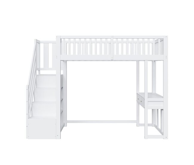 Cama alta 90x200 cm - mesa multifuncional, escada de armazenamento segura, estrutura em madeira de pinho, branca
