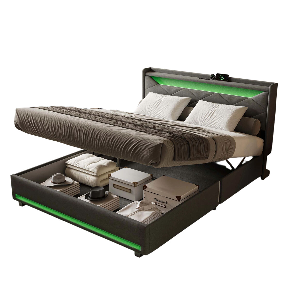 Cama multifuncional: armazenamento, LED, USB/Tipo C