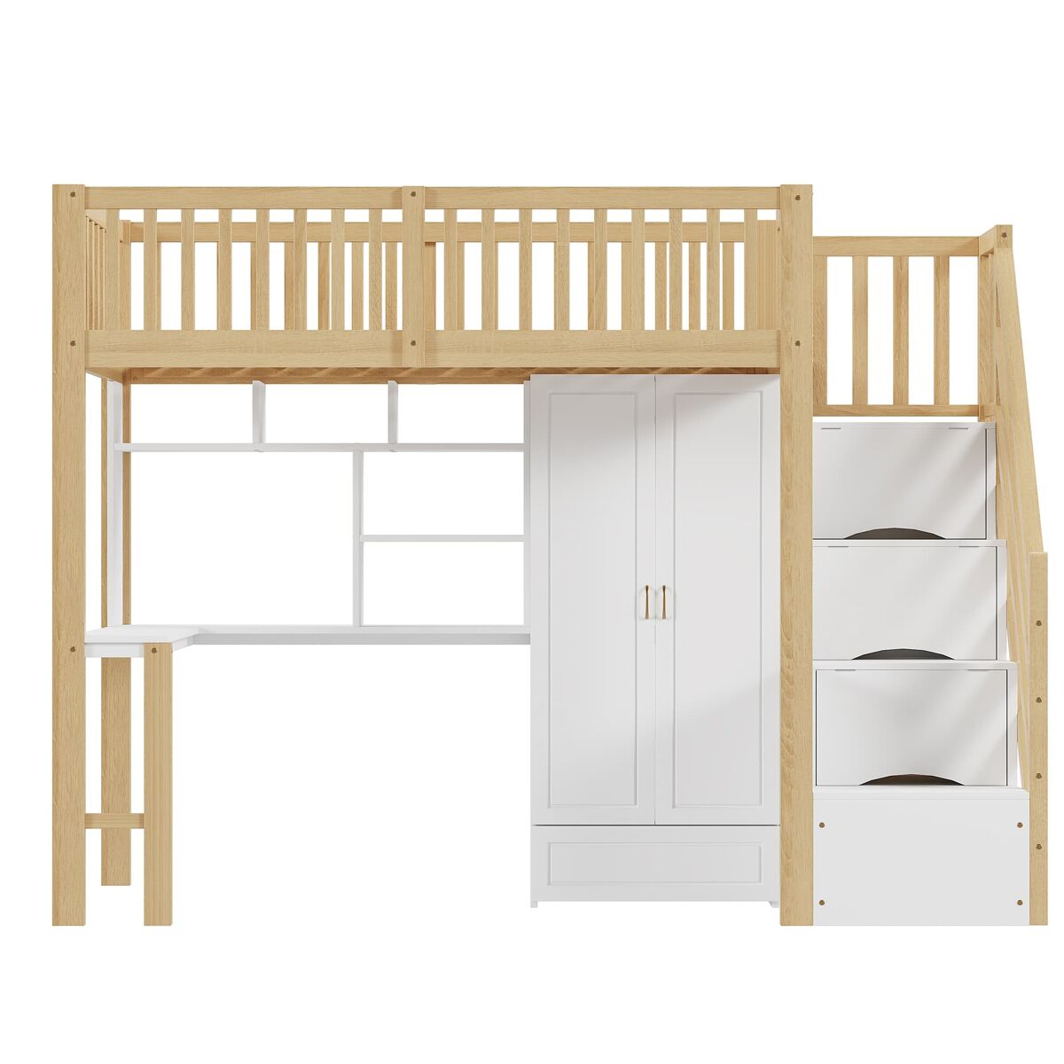 Cama alta 90x200 - com armário grande, prateleira e mesa, escada com arrumação - cor madeira