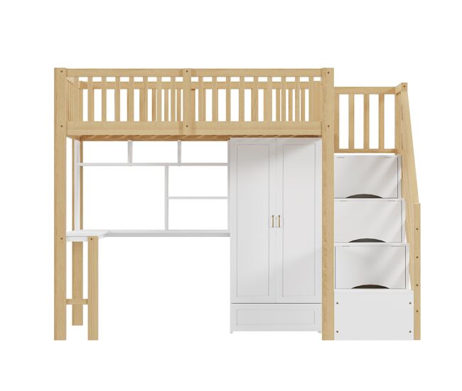 Cama alta 90x200 - com armário grande, prateleira e mesa, escada com arrumação - cor madeira