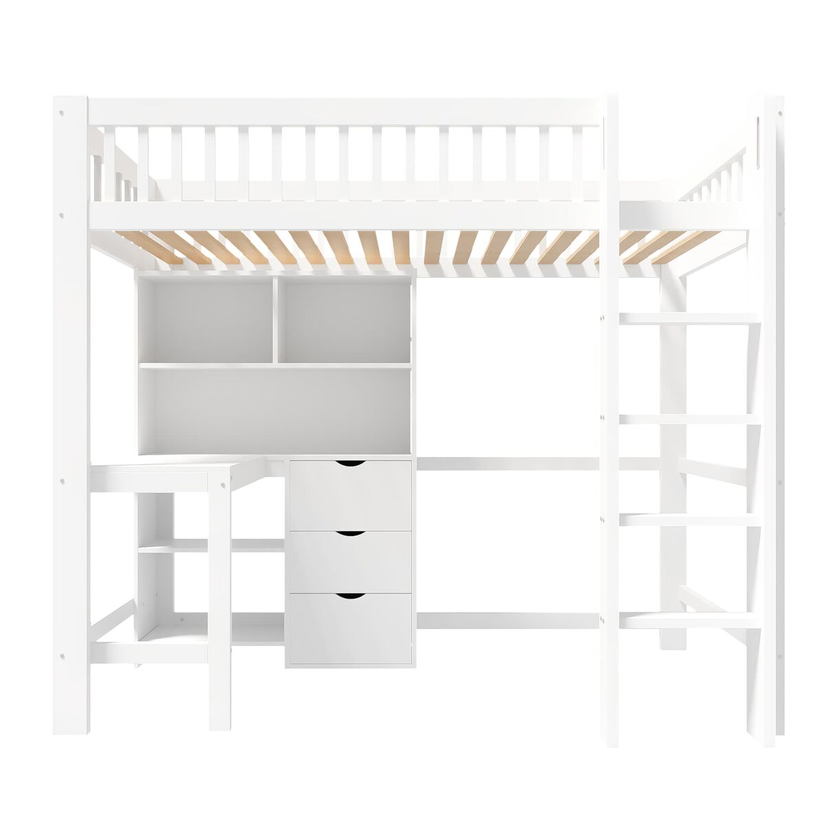 Cama alta 90x200 cm - com prateleiras, secretária, 3 gavetas, escada - branca