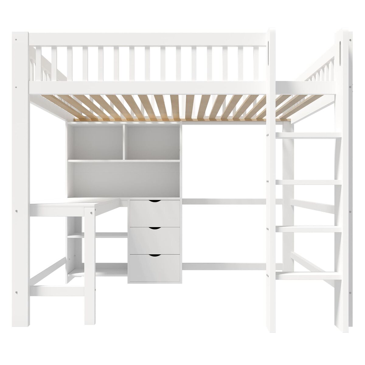 Cama alta 140x200 cm - estante, escada, secretária, 3 gavetas - branco