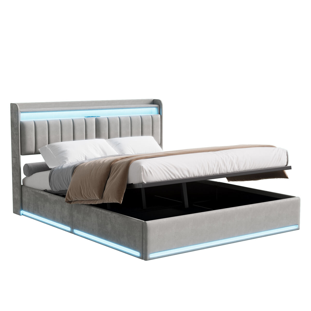 Cama estofada de 140 x 200 cm com carregamento usb, cama de casal para jovens, cama com arrumação, iluminação led e cabeceira com arrumação, estrado