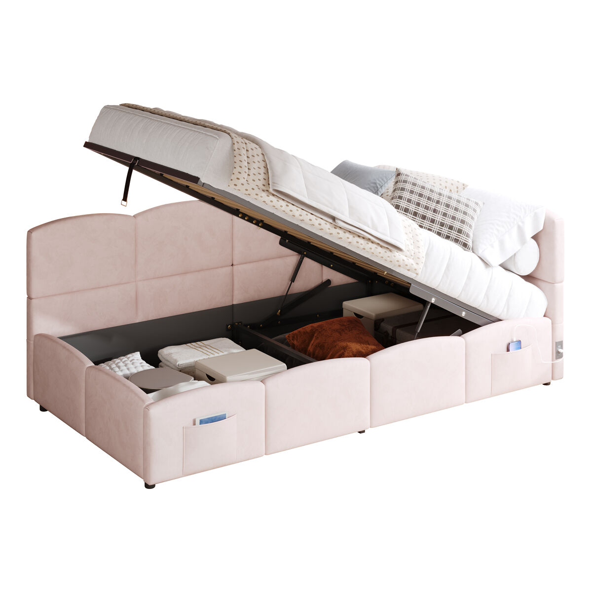 Cama com armazenamento,cama de criança,cama de solteiro de veludo 90x200 cm,rosa