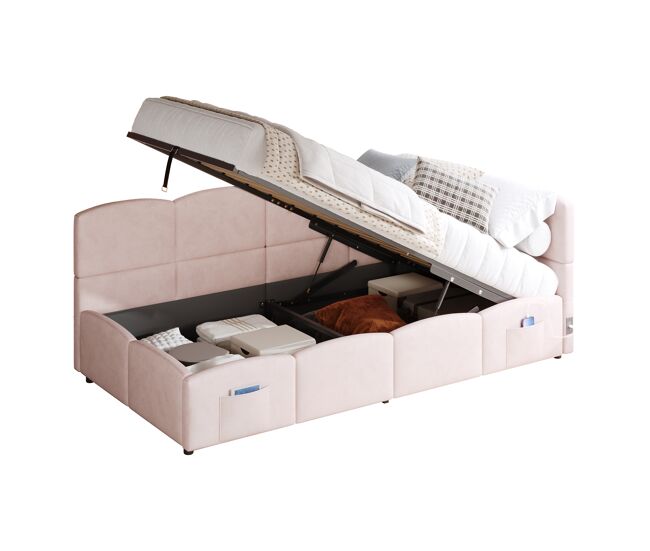 Cama com armazenamento,cama de criança,cama de solteiro de veludo 90x200 cm,rosa