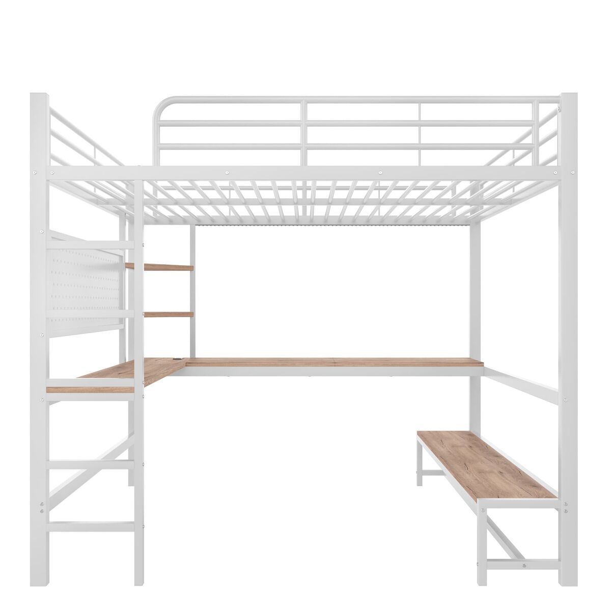 Cama loft 140x200 cm - secretária, frigorífico, escada, usb + tipo c, led, branco