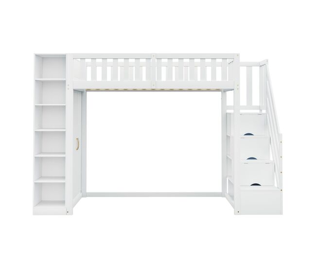 Cama alta multifuncional 90x200 cm - com prateleiras, armário de arrumação e armário grande - branca