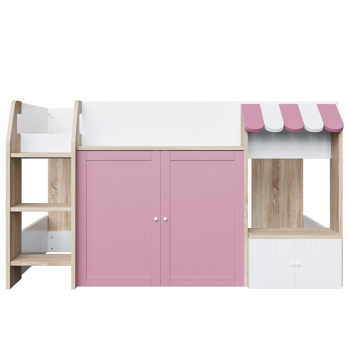 Cama infantil 90x200 - com espaço de arrumação, escada, cama alta em madeira maciça - branco+rosa+cor da madeira