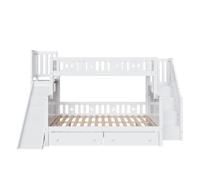 Cama infantil 90x200/140x200 cm - beliche em madeira maciça com escorregador, prateleira, 2 gavetas, branco
