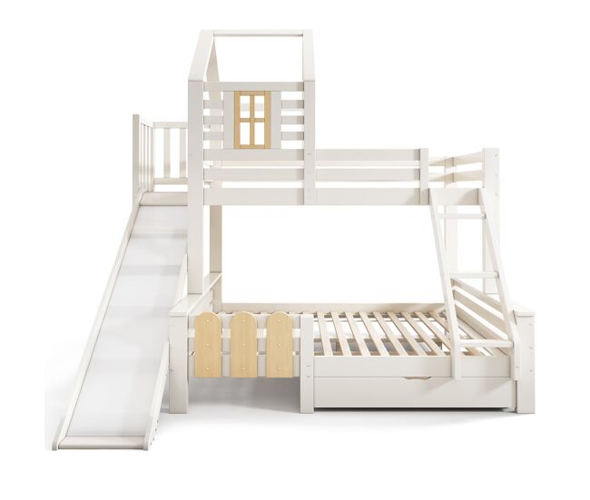 Beliche 90x200 e 140x200 cm - casa com gaveta, escorregador e escada - design de cabana