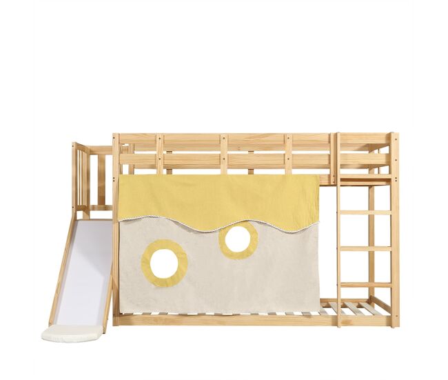 Beliche infantil 90x200 cm - com escada, grade, cortina, escorregador, proteção contra quedas - natural