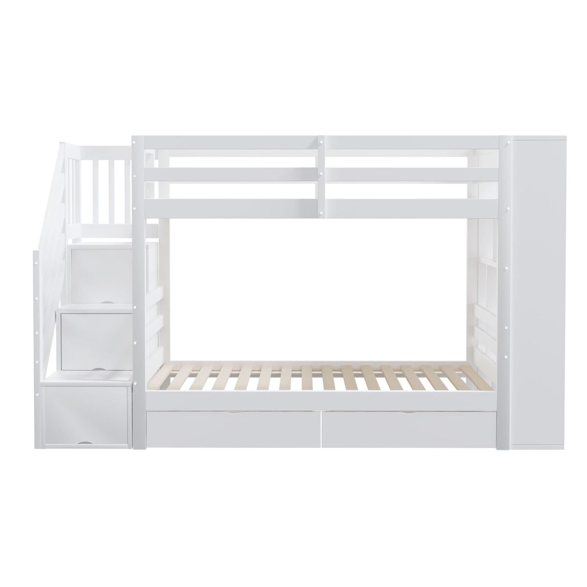 Beliche 90x200 cm - escada de segurança com compartimentos, gavetas e armários, estrutura alta, branco