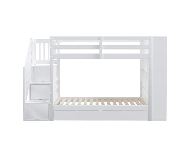 Beliche 90x200 cm - escada de segurança com compartimentos, gavetas e armários, estrutura alta, branco
