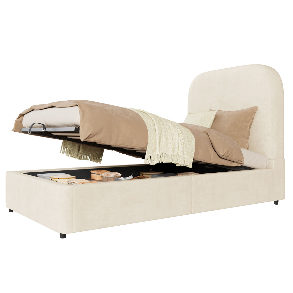 Cama com armazenamento,cama de criança,cama de solteiro de veludo 90x200 cm,bege