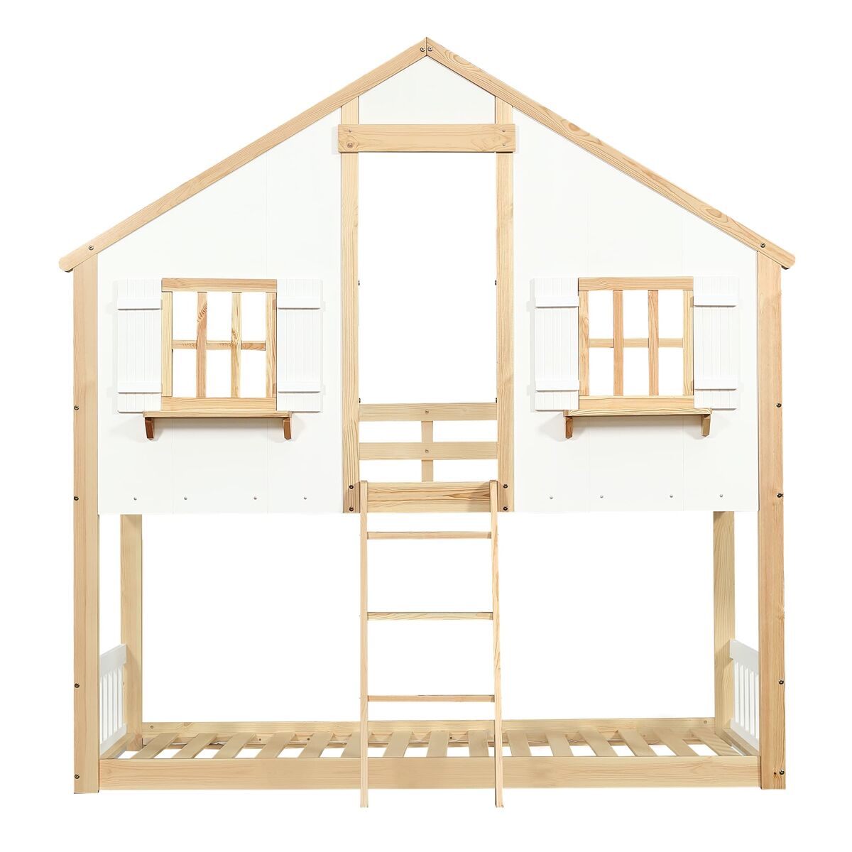 Beliche infantil 90x200 cm - janelas e teto decorativos, base estável, grades laterais - blanc + natural