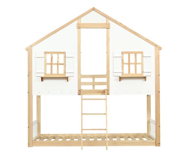 Beliche infantil 90x200 cm - janelas e teto decorativos, base estável, grades laterais - blanc + natural