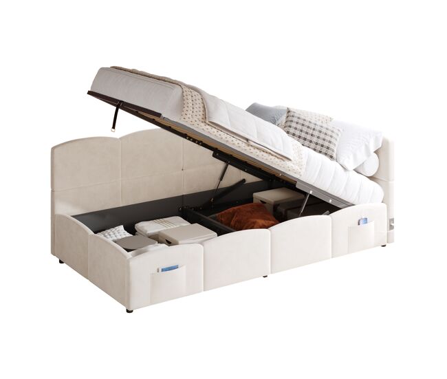 Cama com armazenamento,cama de criança,cama de solteiro de tecido 90x200 cm,bege