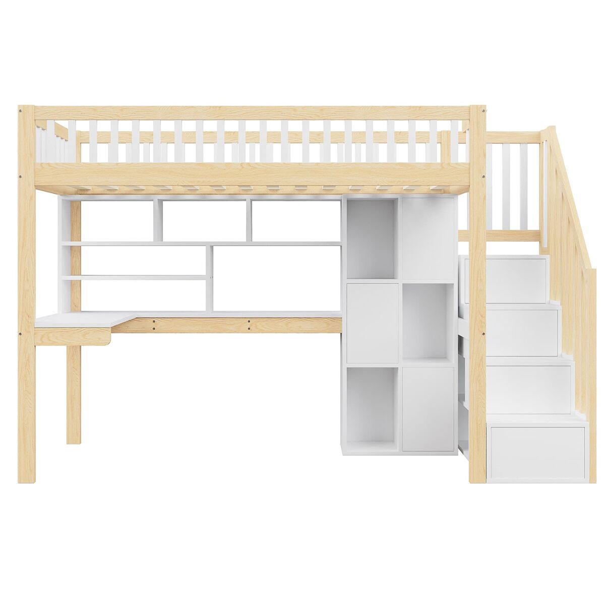 Cama alta 90x200 cm - com luzes led, estante, secretária, sem colchão - branco+natural
