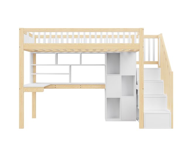 Cama alta 90x200 cm - com luzes led, estante, secretária, sem colchão - branco+natural