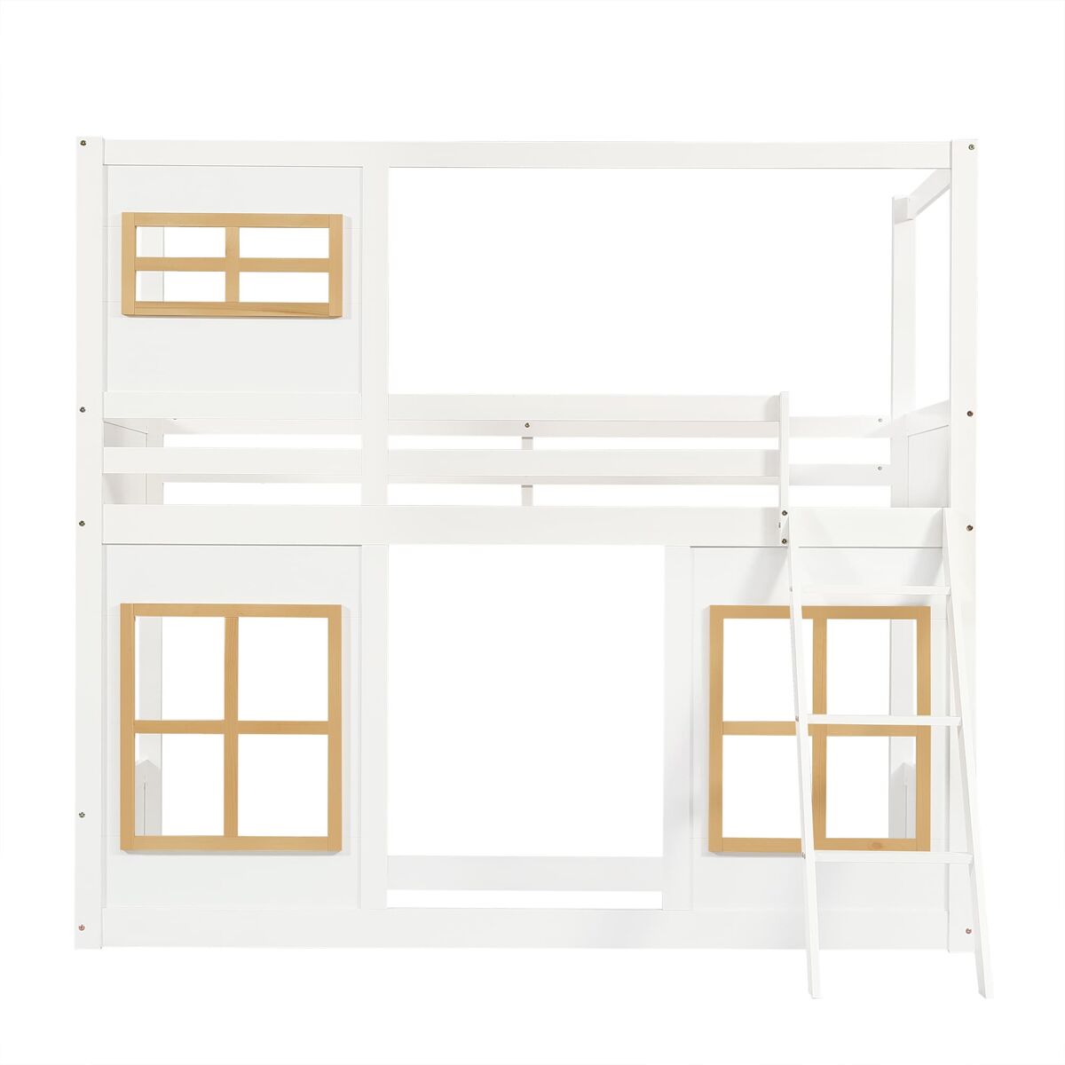 Beliche infantil 90x200 cm - com janelas, escada estável, cerca em 4 lados - branco+natural
