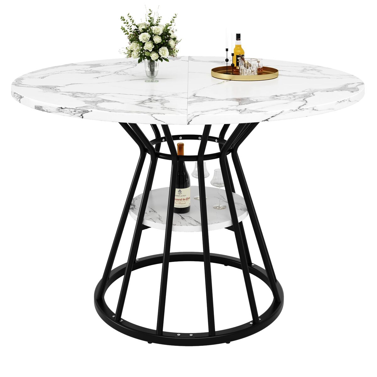 Mesa de jantar redonda 100x100 cm - mesa de cozinha com pernas metálicas, padrão mármore - preto