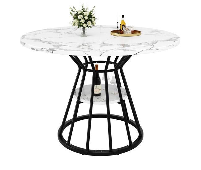 Mesa de jantar redonda 100x100 cm - mesa de cozinha com pernas metálicas, padrão mármore - preto
